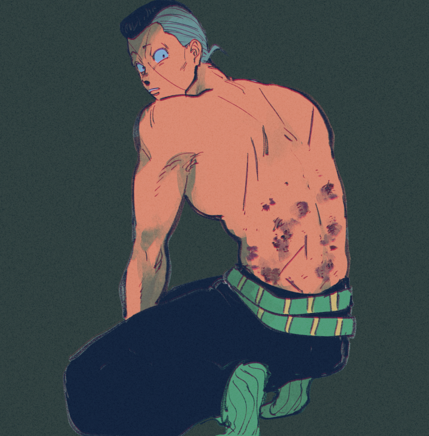 1boy belt bruise bruise_on_back commentary diamond_wa_kudakenai green_belt green_socks highres injury jojo_no_kimyou_na_bouken looking_back muscular muscular_male nijimura_okuyasu no_shirt oniyama831 socks solo