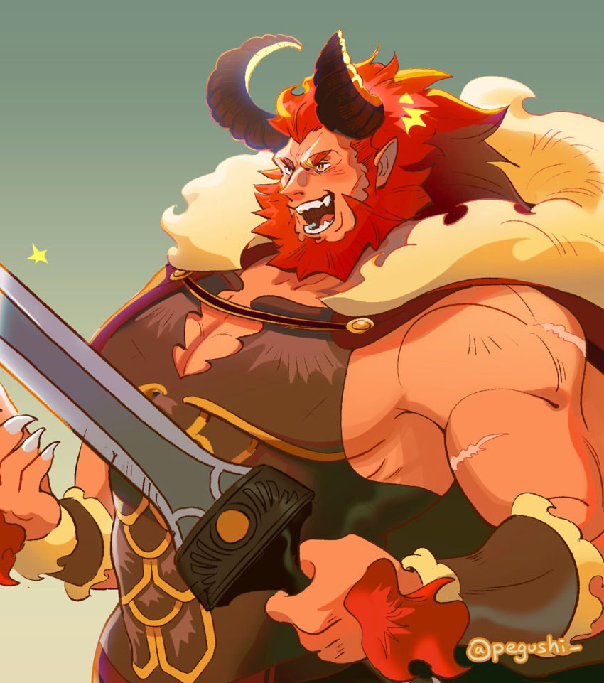 1boy artist_name bara beard cape centauroid claws close-up commentary cropped english_commentary facial_hair fangs fate_(series) fur-trimmed_cape fur_trim highres holding holding_sword holding_weapon horns iskandar_(fate) lynel male_focus muscular muscular_male open_mouth pectorals pegushi pointy_ears red_hair scar scar_on_arm sword taur weapon
