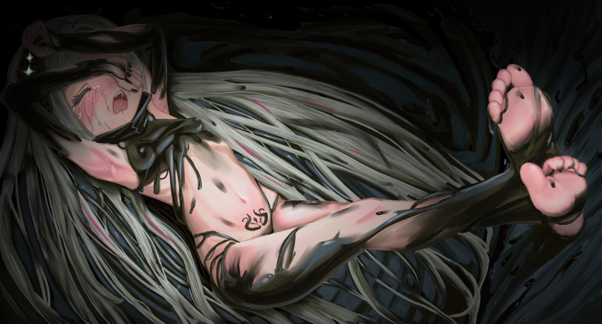 1girl afloat armpits arms_up black_collar black_horns black_liquid black_nails blush breasts closed_eyes collar covered_erect_nipples covering_one_eye crossed_ankles crying feet foot_focus from_above goddess_of_victory:_nikke grey_hair highres horns legs_up leviathan_(nikke) liquid_clothes long_hair nail_polish open_mouth pubic_tattoo senvik69 small_breasts soles stirrup_legwear tattoo toeless_legwear toes