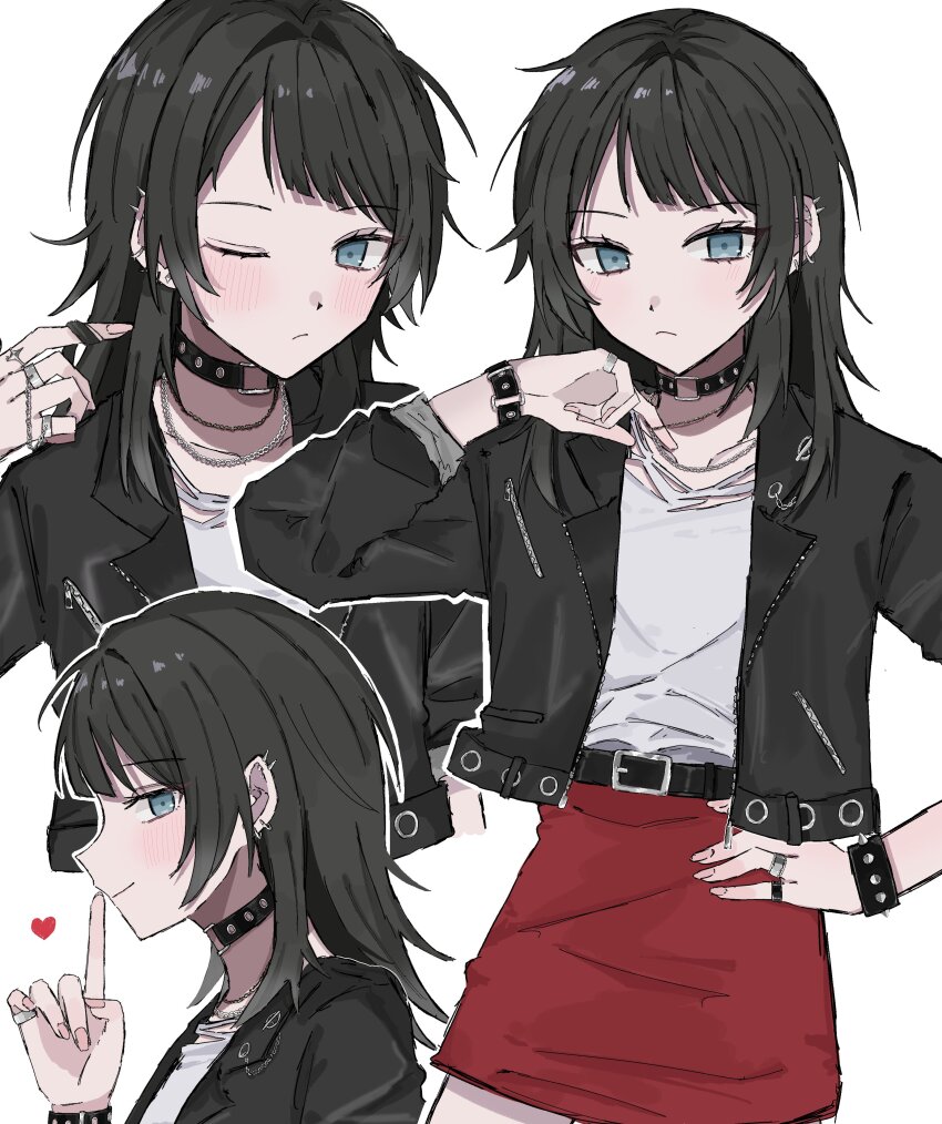 1girl absurdres bang_dream! bang_dream!_it&#039;s_mygo!!!!! black_hair black_jacket blue_eyes closed_mouth commentary hand_on_own_hip hashtag-only_commentary heart highres inot17 jacket long_hair looking_at_viewer multiple_views one_eye_closed parted_bangs profile red_skirt shirt simple_background skirt smile white_background white_shirt yahata_umiri