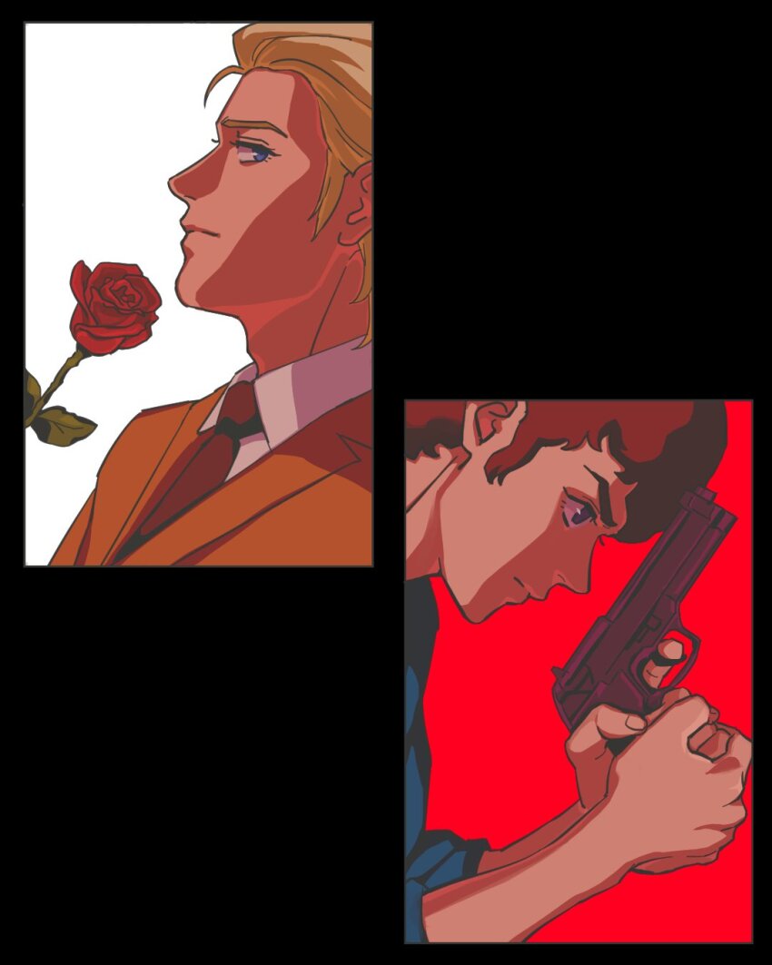 2boys amuro_ray blonde_hair blue_eyes brown_hair brown_necktie char&#039;s_counterattack char_aznable closed_mouth commentary_request formal_clothes gun gundam highres holding holding_gun holding_hose holding_weapon hose multiple_boys necktie weapon yy0880yy