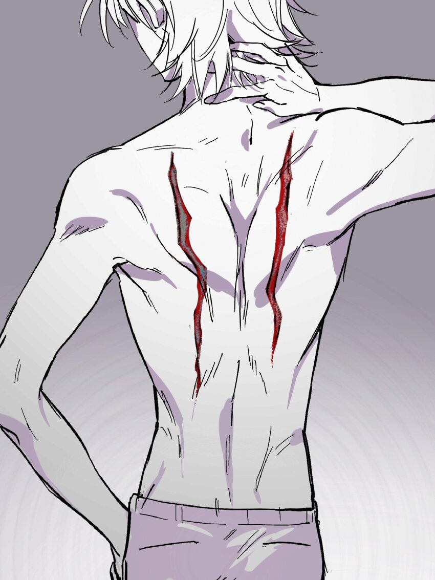 1boy arm_up back_muscles commentary_request from_behind grey_background hand_on_own_hip hand_on_own_neck highres injury male_focus nagisa_kaworu neon_genesis_evangelion pants shoulder_blades solo spot_color topless_male zumikyuu