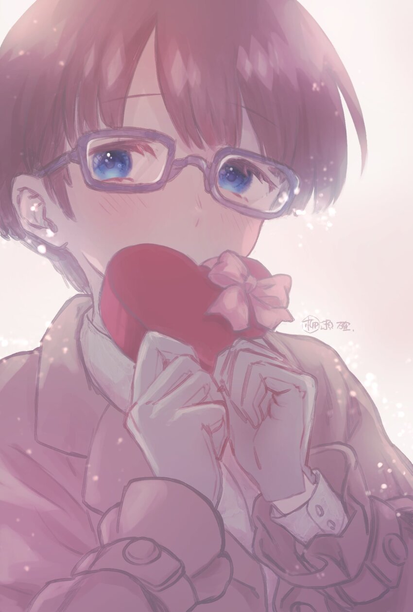 1girl black_gloves blue_eyes box brown_hair brown_jacket glasses gloves hands_up heart-shaped_box highres holding holding_box jacket long_sleeves looking_at_viewer short_hair solo somei_hana upper_body world_trigger yanase_tashika