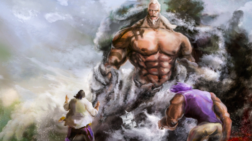 3boys abs arm_tattoo attack beard black_hair commentary darkness delta_(naval_flag) english_commentary facial_hair giant highres jesus_burgess kong_(one_piece) long_hair marshall_d._teach multiple_boys muscular muscular_male no_pupils ocean one_piece pectorals pirate purple_hair purple_vest riopapa ship shirt shoulder_tattoo smoke tattoo topless_male vest water watercraft white_hair white_shirt