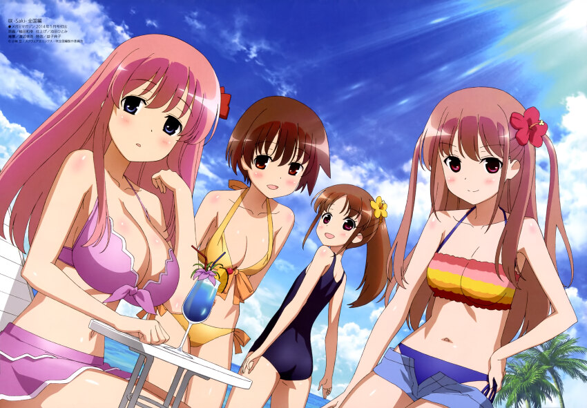 4girls :d :o absurdres armpits ass atarashi_ako bikini bikini_skirt bikini_under_clothes blue_eyes blue_hawaii blue_one-piece_swimsuit blush body_blush bow breasts brown_hair chair cleavage clenched_hand closed_mouth cloud cowboy_shot cup day drink drinking_glass drinking_straw dutch_angle flat_chest flower front-tie_bikini_top front-tie_top grey_hair hair_bow hair_flower hair_ornament halterneck hand_on_own_hip haramura_nodoka hibiscus high_ponytail highres large_breasts light_smile long_hair looking_at_viewer looking_back lounge_chair megami_magazine miyanaga_saki multiple_girls navel ocean official_art one-piece_swimsuit open_fly open_mouth orange_bikini outdoors palm_tree parted_bangs parted_lips pink_hair ponytail purple_bikini purple_eyes red_eyes saki_(manga) scan school_swimsuit short_hair short_shorts shorts side-tie_bikini_bottom sitting sky small_breasts smile standing striped_bikini striped_clothes swimsuit swimsuit_under_clothes table takakamo_shizuno tree tropical_drink two_side_up ueta_kazuyuki water