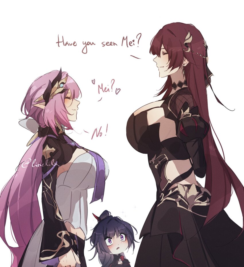 3girls black_dress breasts brown_hair corset dress eden_(honkai_impact) elf elysia_(honkai_impact) elysia_(miss_pink_elf)_(honkai_impact) english_text hair_ornament hashtag-only_commentary highres honkai_(series) honkai_impact_3rd huge_breasts large_breasts linel_lin long_hair looking_at_another multiple_girls pink_hair pointy_ears purple_eyes purple_hair raiden_mei raiden_mei_(danzai_spectramancer) simple_background white_background white_corset