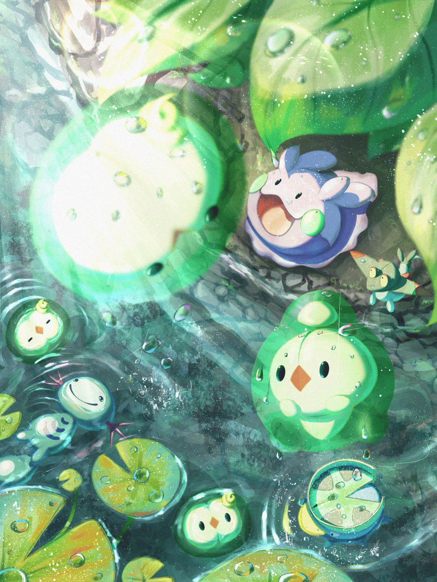 absurdres black_eyes commentary_request day dreepy duosion gen_2_pokemon gen_3_pokemon gen_5_pokemon gen_6_pokemon gen_8_pokemon glowing goomy highres leaf looking_up lotad nintendo open_mouth outdoors pokemon pokemon_(creature) ripples solid_oval_eyes solosis tongue water water_drop wooper yocchan_dadou!