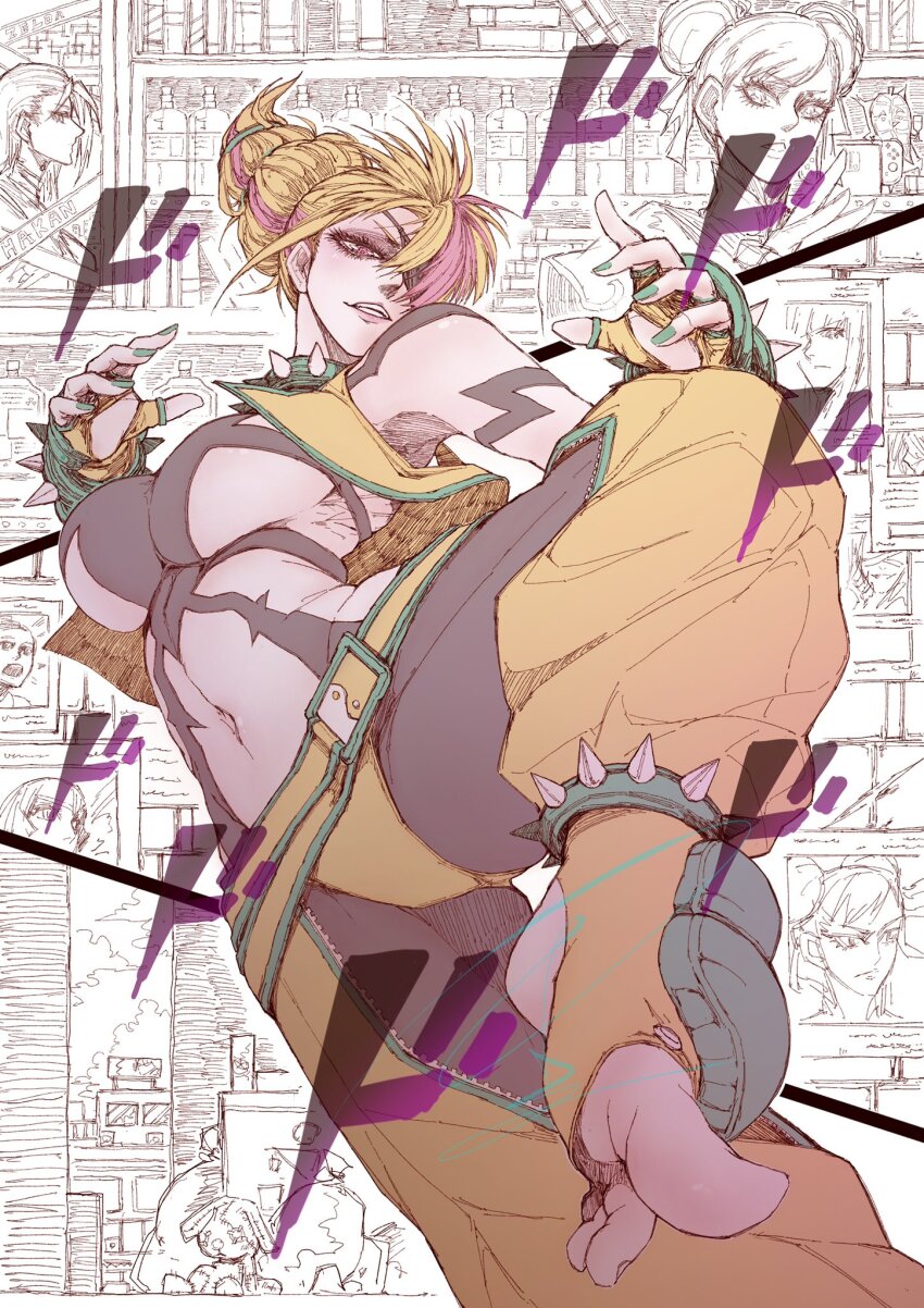 alternate_color blonde_hair bracelet breasts cammy_white capcom chun-li fighting_stance fingerless_gloves gloves hair_horns han_juri highres jewelry jun_wu_mo large_breasts multicolored_hair nail_polish pants pink_hair solo_focus spiked_bracelet spikes street_fighter street_fighter_6 underboob