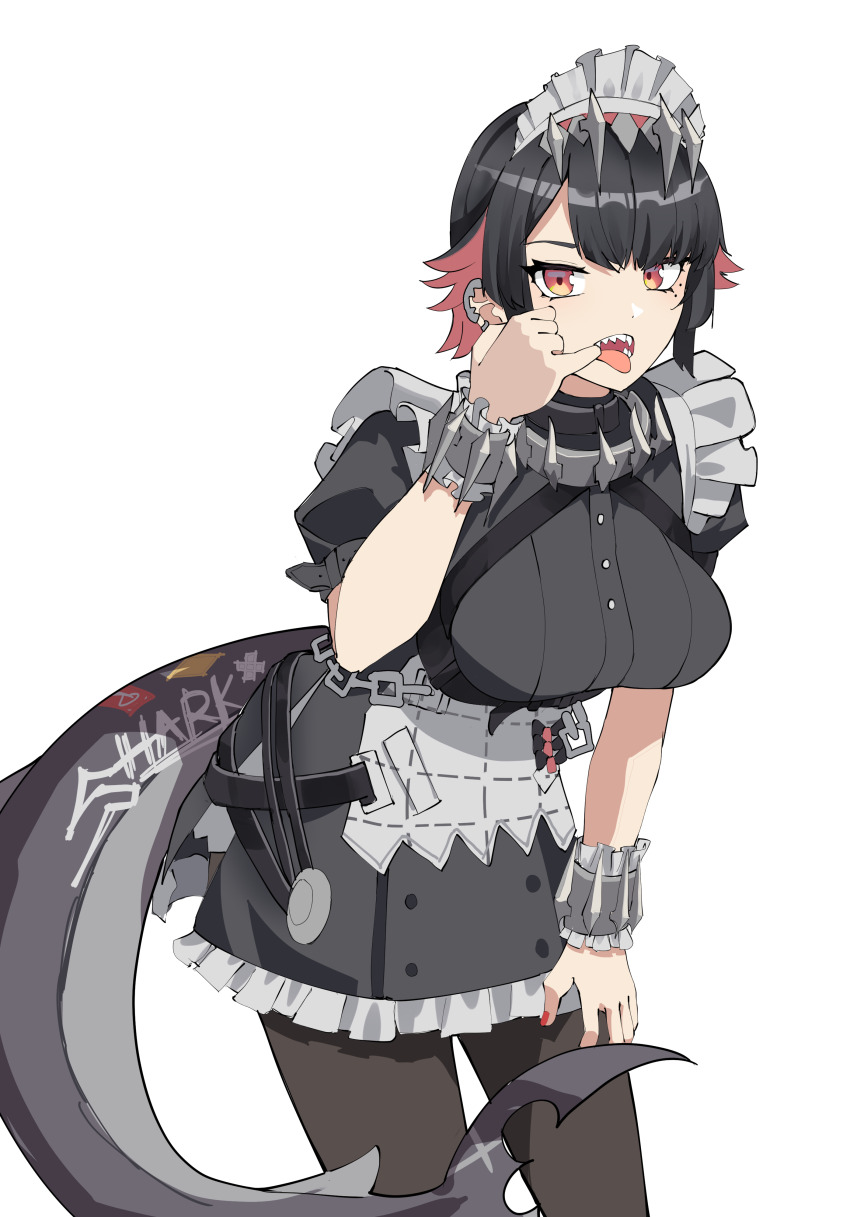 1girl absurdres breasts ellen_joe fins fish_tail gar32 highres looking_at_viewer maid maid_headdress multicolored_hair nail_polish open_mouth puffy_short_sleeves puffy_sleeves scar scar_on_tail shark_girl shark_tail sharp_teeth short_hair short_sleeves solo tail teeth two-tone_hair white_background zenless_zone_zero