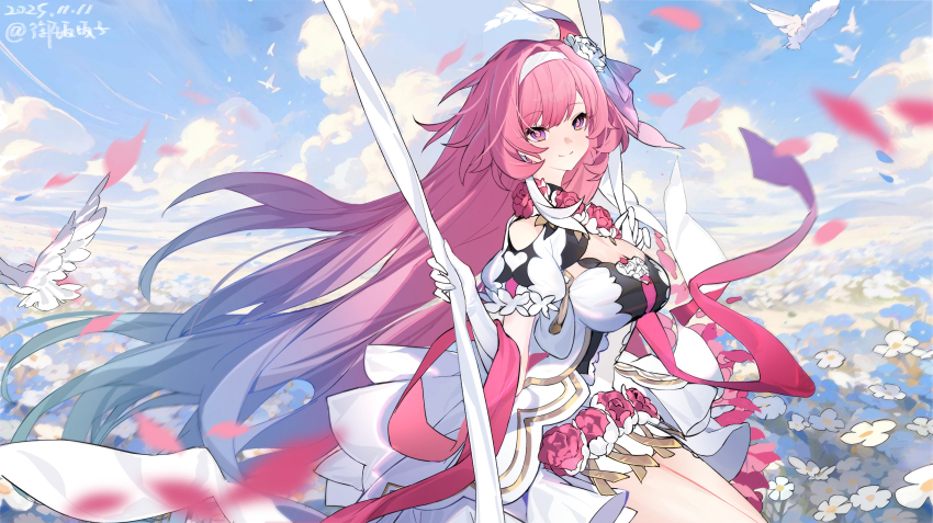 1girl absurdres alternate_costume alternate_design artist_name bare_shoulders blue_hair blue_sky breasts character_request check_character cleavage closed_mouth clothing_cutout cloud cloudy_sky cyrene_(honkai:_star_rail) cyrene_(ripples_of_past_reverie)_(honkai:_star_rail) dated day dress field flower flower_field gloves gradient_hair hairband highres honkai:_star_rail honkai_(series) large_breasts long_hair looking_at_viewer multicolored_hair on_swing pink_hair purple_eyes shoulder_cutout sitting sky smile solo swing thighs very_long_hair white_dress white_flower white_gloves white_hairband yubanbanzi