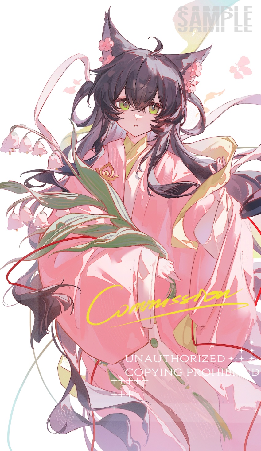 1girl absurdres ahoge animal_ears black_hair chinese_commentary commentary commission flower green_eyes hair_between_eyes hair_flower hair_ornament hair_over_shoulder highres holding holding_flower long_hair long_sleeves looking_at_viewer original pink_flower pink_robe robe sample_watermark shaokao_lajitong sidelocks simple_background solo very_long_hair watermark white_background wide_sleeves