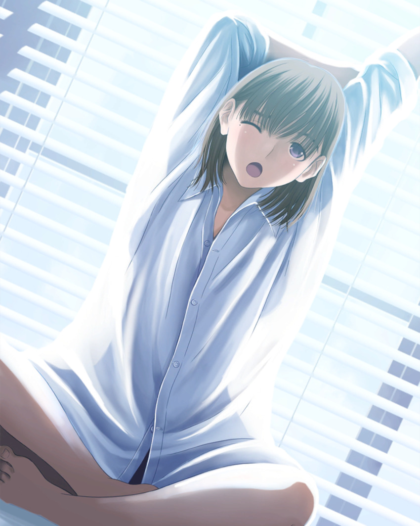 1girl anegasaki_nene arms_up backlighting bare_legs barefoot bloom blush breasts brown_hair collared_shirt cross-body_stretch dress_shirt dutch_angle highres indian_style indoors long_sleeves looking_up love_plus medium_hair mole mole_under_eye official_art one_eye_closed open_mouth purple_eyes shirt sitting solo stretching toenails toes waking_up white_shirt window window_blinds yawning