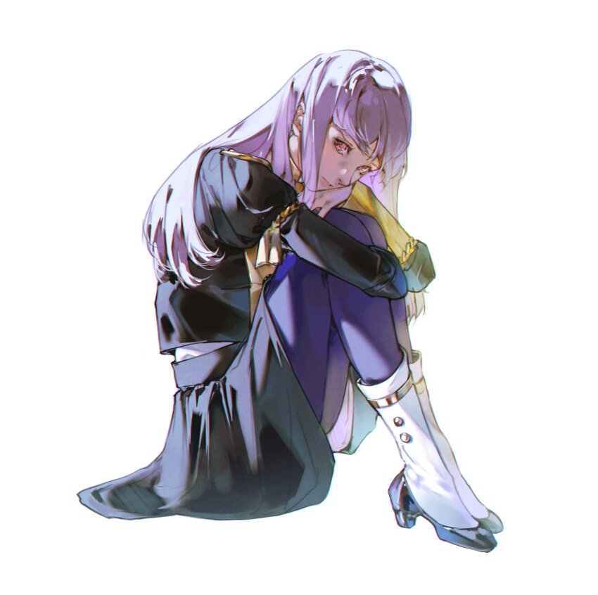 1girl black_skirt blue_pantyhose closed_mouth commentary fire_emblem fire_emblem:_three_houses garreg_mach_monastery_uniform highres juliet_sleeves long_hair long_sleeves looking_at_viewer lysithea_von_ordelia mixed-language_commentary negi_(fufufuyu) nintendo pantyhose pink_eyes puffy_sleeves simple_background sitting skirt solo white_background white_hair