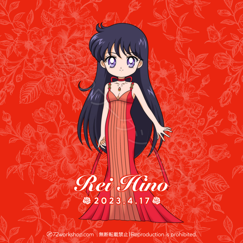 1girl 72workshop bishoujo_senshi_sailor_moon black_hair chibi dress highres hino_rei jewelry long_hair necklace princess_mars purple_eyes red_background red_dress sailor_mars smile solo