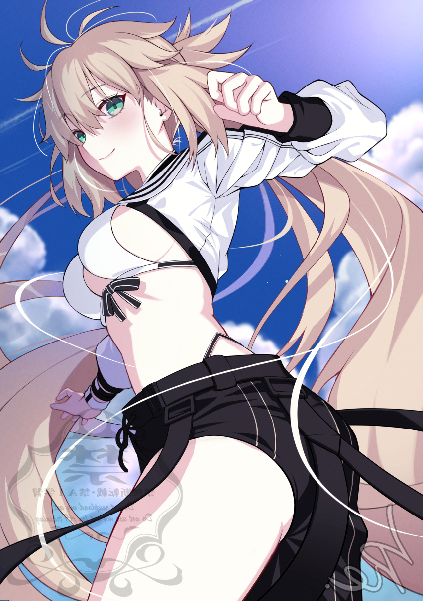 1girl absurdres artoria_caster_(fate) artoria_caster_(swimsuit_berserker)_(fate) artoria_caster_(swimsuit_berserker)_(first_ascension)_(fate) artoria_pendragon_(fate) ass asymmetrical_clothes bad_id bad_pixiv_id bikini black_pants blonde_hair blue_sky blush breasts cropped_jacket fate/grand_order fate_(series) green_eyes highres jacket l4st_resort long_hair long_sleeves looking_at_viewer medium_breasts navel pants shrug_(clothing) single_pantsleg sky smile solo swimsuit thighs twintails white_bikini white_jacket
