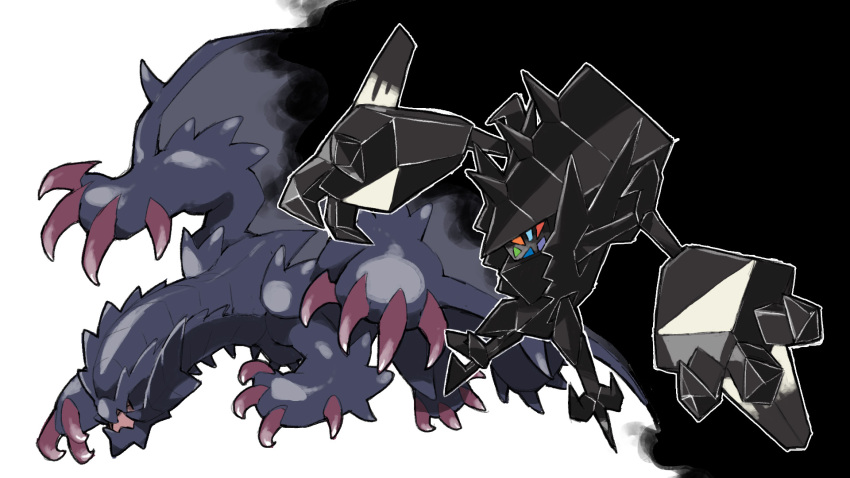 black_background blacknirrow claws creatures_(company) crossover game_freak gen_7_pokemon gore_magala highres legendary_pokemon monster monster_hunter_(series) necrozma necrozma_(normal) nintendo no_humans open_mouth outline pokemon pokemon_(creature) two-tone_background white_background white_outline