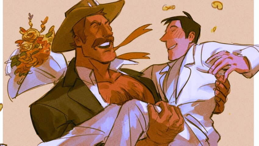 2boys bara black_hair black_suit blonde_hair blush bouquet brown_hair carrying citrus0lemon couple cowboy_hat facial_hair falling_petals flower formal_clothes hand_hair hat holding holding_bouquet husband_and_husband jacket male_focus mature_male mr._bidwell multiple_boys muscular muscular_male mustache open_clothes open_jacket petals princess_carry saxton_hale short_hair sideburns size_difference smile suit team_fortress_2 thick_chest_hair thick_mustache upper_body wedding white_suit yaoi