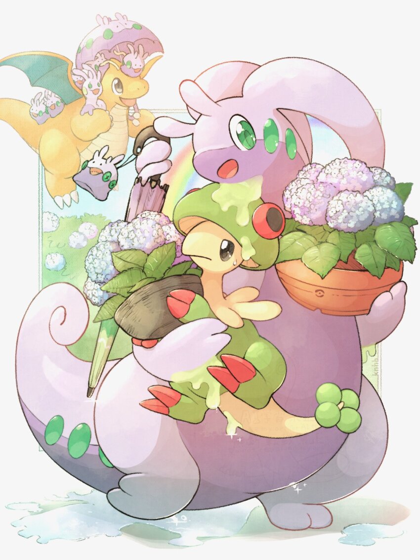 animal_focus breloom commentary_request dragon dragonite evolutionary_line flower_pot flying gen_1_pokemon gen_3_pokemon gen_6_pokemon goodra goomy green_eyes green_pupils highres holding holding_flower_pot holding_umbrella knhb_tail nintendo no_humans open_mouth pokemon pokemon_(creature) sliggoo smile sparkle standing tail umbrella