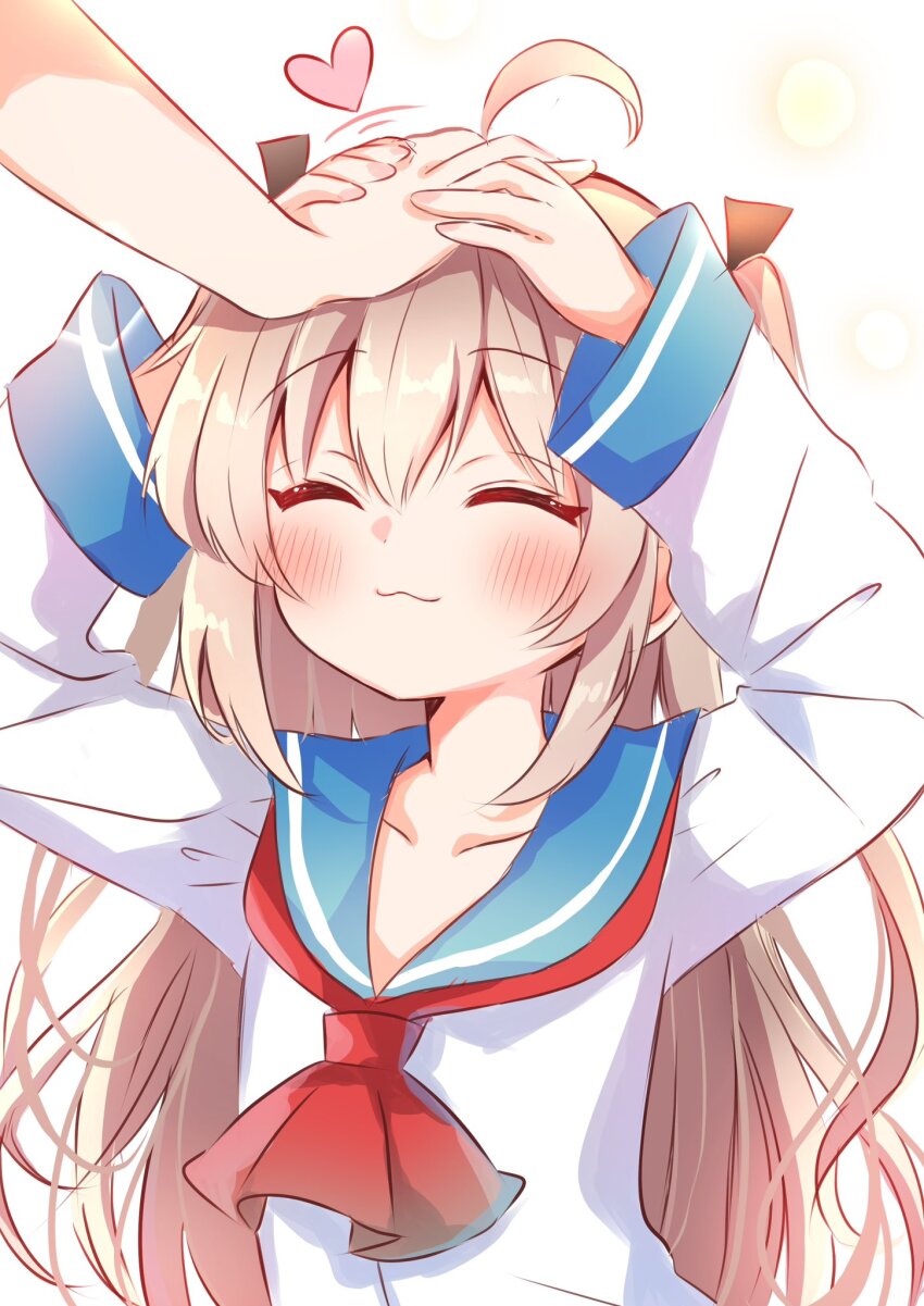 1girl 1other :3 ^_^ ahoge arms_up ascot atri atri-my_dear_moments- black_ribbon blue_sailor_collar blush brown_hair closed_eyes closed_mouth commentary_request dress facing_another hair_ribbon happy headpat heart highres holding_hands long_hair long_sleeves motion_lines nanami_ayane_(kusunoki5050) red_ascot ribbon sailor_collar sailor_dress simple_background smile solo_focus two_side_up upper_body very_long_hair white_background wide_sleeves