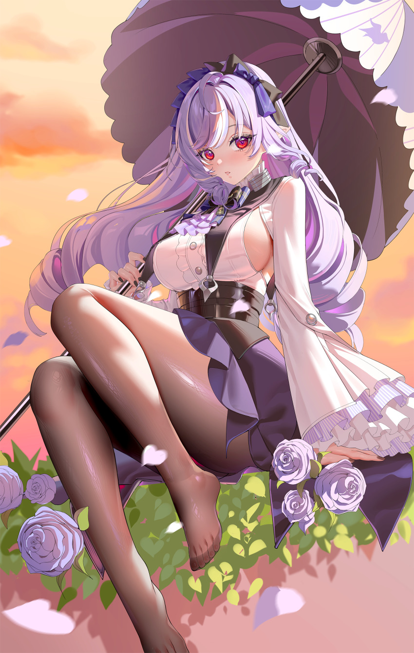 1girl absurdres ascot black_bow black_pantyhose bow breast_curtains breasts center_frills commentary_request drill_hair falling_petals flower frilled_sleeves frills hair_intakes highres holding holding_umbrella knees_up kururu_(qqqqq59508750) large_breasts long_sleeves looking_at_viewer mole mole_under_eye paid_reward_available pantyhose petals pointy_ears purple_ascot purple_bow purple_flower purple_hair purple_petals shirt shrug_(clothing) sideboob soles solo umbrella vivian_banshee white_hair white_shirt white_shrug white_streaks zenless_zone_zero