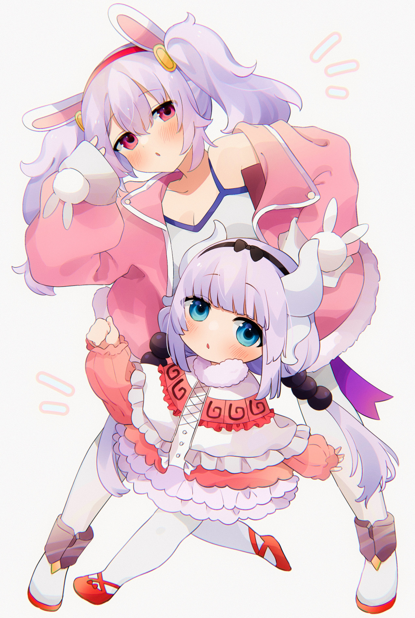 2girls absurdres animal_ears azur_lane beads black_hairband blue_eyes blush bow_hairband breasts capelet cleavage commentary_request dragon_girl dragon_horns dress fake_animal_ears frilled_dress frills full_body fur-trimmed_capelet fur_trim hair_beads hair_ornament hairband highres horns jacket kanna_kamui kobayashi-san_chi_no_maidragon laffey_(azur_lane) long_hair long_sleeves low_twintails multiple_girls naganawa_maria notice_lines pantyhose parted_lips pink_eyes pink_jacket puffy_long_sleeves puffy_sleeves purple_hair rabbit_ears red_footwear short_dress simple_background sleeves_past_wrists small_breasts takumi_mizuki tank_top twintails voice_actor_connection white_background white_pantyhose white_tank_top