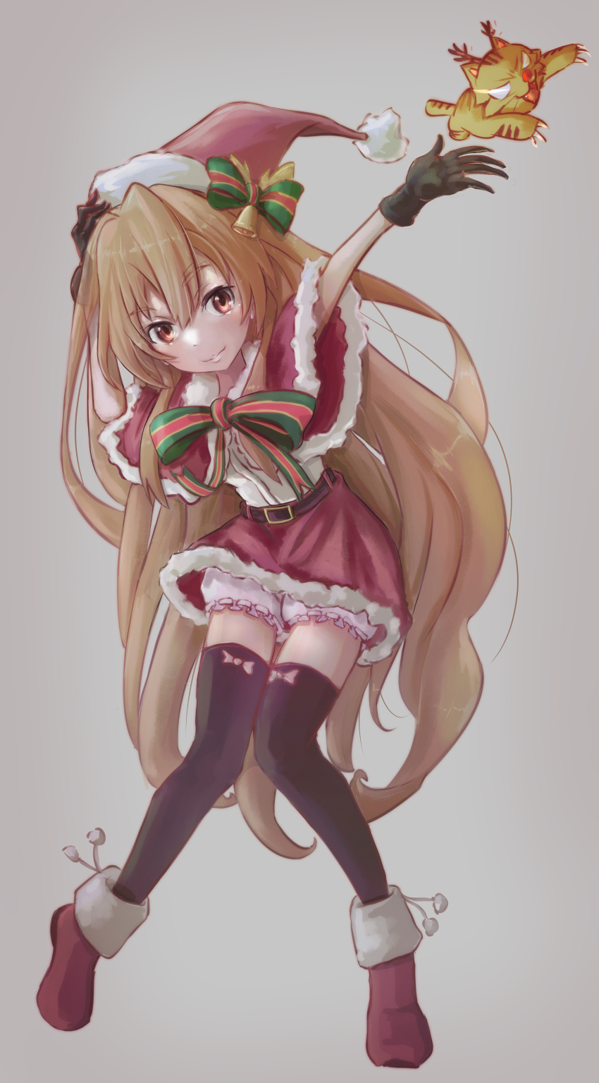 1girl absurdres aisaka_taiga arms_up bad_id bad_pixiv_id belt black_gloves black_thighhighs brown_belt brown_eyes brown_hair capelet closed_mouth commentary_request fur-trimmed_capelet fur-trimmed_skirt fur_trim gloves gradient_background grey_background hand_on_own_head hat highres kohakuirosuki long_hair outstretched_arm palmtop_tiger red_capelet red_footwear red_skirt santa_costume santa_hat shirt skirt smile thighhighs tiger toradora! very_long_hair white_shirt