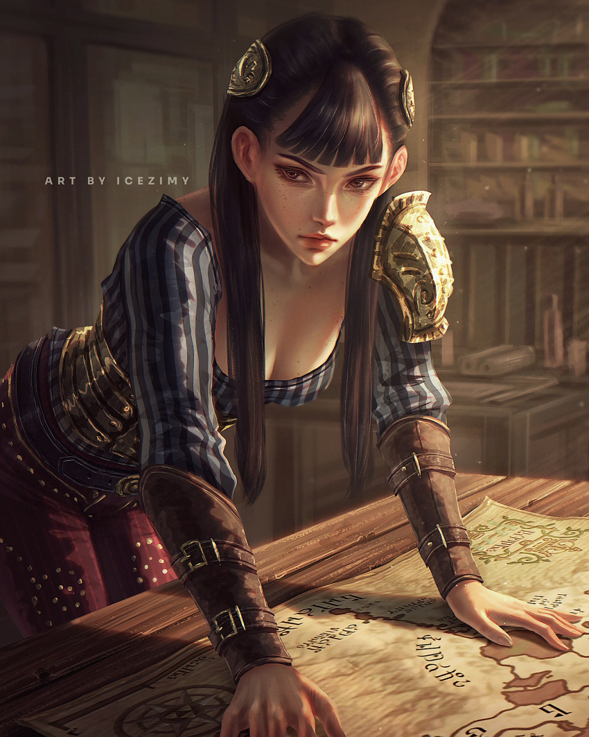 1girl arm_support armor armored_corset ashei bent_over black_hair blurry blurry_background breasts cleavage commentary english_commentary english_text highres icezimy indoors looking_at_viewer map medium_breasts nintendo serious shoulder_armor single_shoulder_pad solo table the_legend_of_zelda the_legend_of_zelda:_twilight_princess