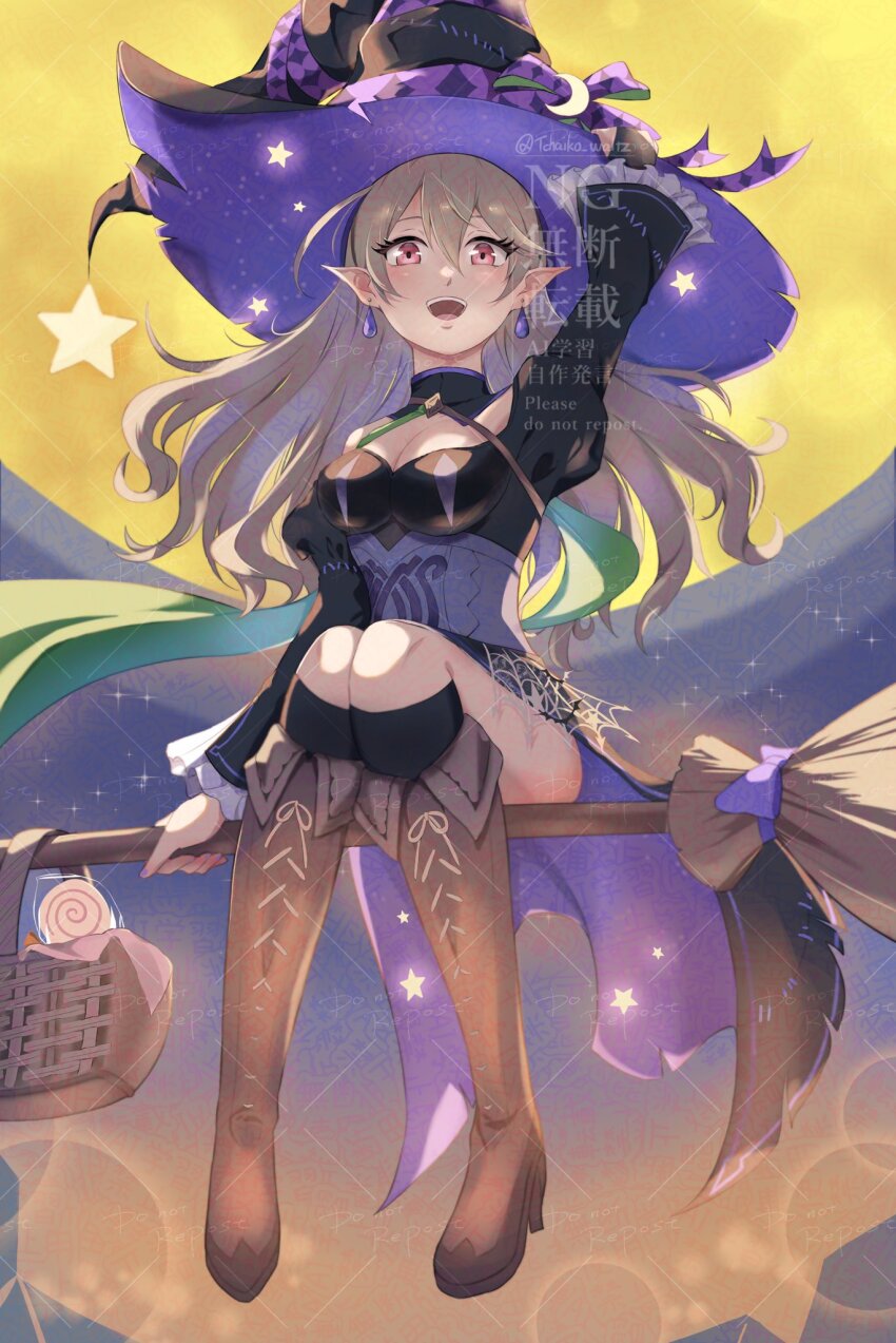 1girl boots breasts broom broom_riding brown_boots cleavage corrin_(female)_(fire_emblem) corrin_(female)_(halloween)_(fire_emblem) earrings fire_emblem fire_emblem_fates fire_emblem_heroes grey_hair halloween halloween_costume hat highres jewelry leather leather_boots medium_breasts nintendo official_alternate_costume pointy_ears red_eyes tchaiko_waltz witch witch_hat