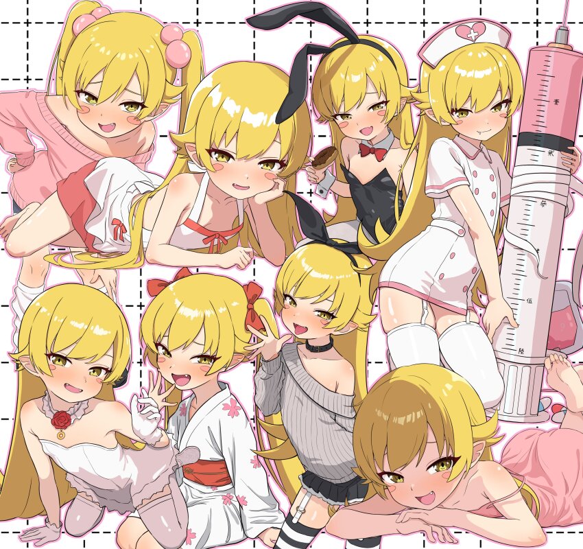 1girl absurdres animal_ear_hairband animal_ears bare_shoulders barefoot black_leotard blonde_hair blush_stickers bow bowtie collarbone donut dress fake_animal_ears fang food grid_background hair_bobbles hair_ornament hairband highres holding holding_donut holding_food japanese_clothes kimono large_syringe laughing leotard long_hair looking_at_viewer lying monogatari_(series) multiple_views open_mouth oshino_shinobu oversized_object pointy_ears rabbit_ear_hairband rabbit_ears red_bow red_bowtie ribbed_sweater single_off_shoulder smile striped_clothes striped_thighhighs sweater syringe thighhighs very_long_hair white_dress white_kimono white_thighhighs wrist_cuffs yellow_eyes yoshikirino