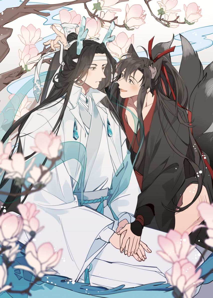 2boys absurdres ahoge animal_ears bishounen black_eyes black_hair black_hanfu blue_shawl blurry blush branch chinese_clothes closed_mouth collarbone couple depth_of_field dragon_boy eastern_dragon_horns eastern_dragon_tail eunram eye_contact flower fox_boy fox_ears fox_tail hagoromo hair_ribbon hand_up hanfu headband high_ponytail highres holding holding_hands holding_ribbon horns jewelry kemonomimi_mode kitsune korean_commentary kyuubi lan_wangji light_particles long_hair long_sleeves looking_at_another lotus male_focus modao_zushi multiple_boys multiple_tails open_mouth pink_flower ponytail profile red_ribbon ribbon ribboned_xiao_guan robe seiza shawl sidelocks sitting sleeves_past_wrists smile smoke tail topknot tree very_long_hair wei_wuxian white_hanfu white_headband wide_sleeves xiao_guan_(headdress) yaoi yellow_eyes