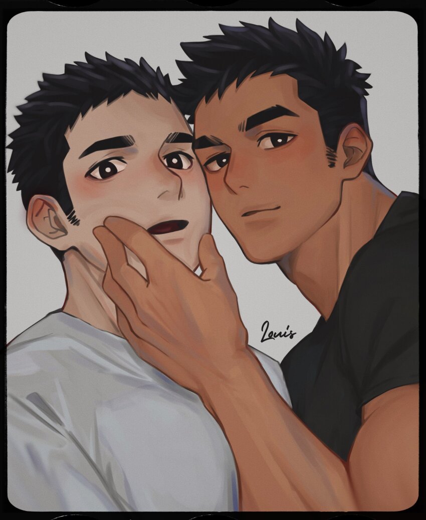 2boys absurdres bara blush bright_pupils cheek-to-cheek dark-skinned_male dark_skin from_below head_grab heads_together highres long_sideburns looking_at_viewer louis_tjxx male_focus multiple_boys muscular muscular_male open_mouth original pectorals shirt short_hair sideburns smirk t-shirt thick_eyebrows white_shirt yaoi