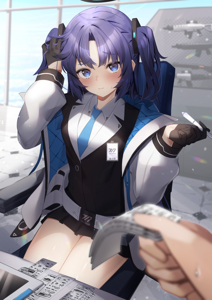 1girl absurdres assault_rifle belt belt_pouch beretta_ar70/90 black_gloves blue_archive blue_eyes blue_necktie blush bolt_action breasts chair closed_mouth collared_shirt commentary_request cowboy_shot day e_buki formal_clothes gloves gun half_gloves halo highres holding holding_pen id_card indoors jacket long_hair long_sleeves looking_at_viewer m1917_enfield mechanical_halo medium_breasts miniskirt necktie off_shoulder on_chair open_clothes open_jacket parted_bangs pen pleated_skirt pouch pov purple_hair rifle shirt sidelocks sig_mcx sig_sauer_556 sitting sitting_on_object skirt suit sweatdrop two-sided_fabric two-sided_jacket two_side_up weapon white_belt white_shirt yuuka_(blue_archive)
