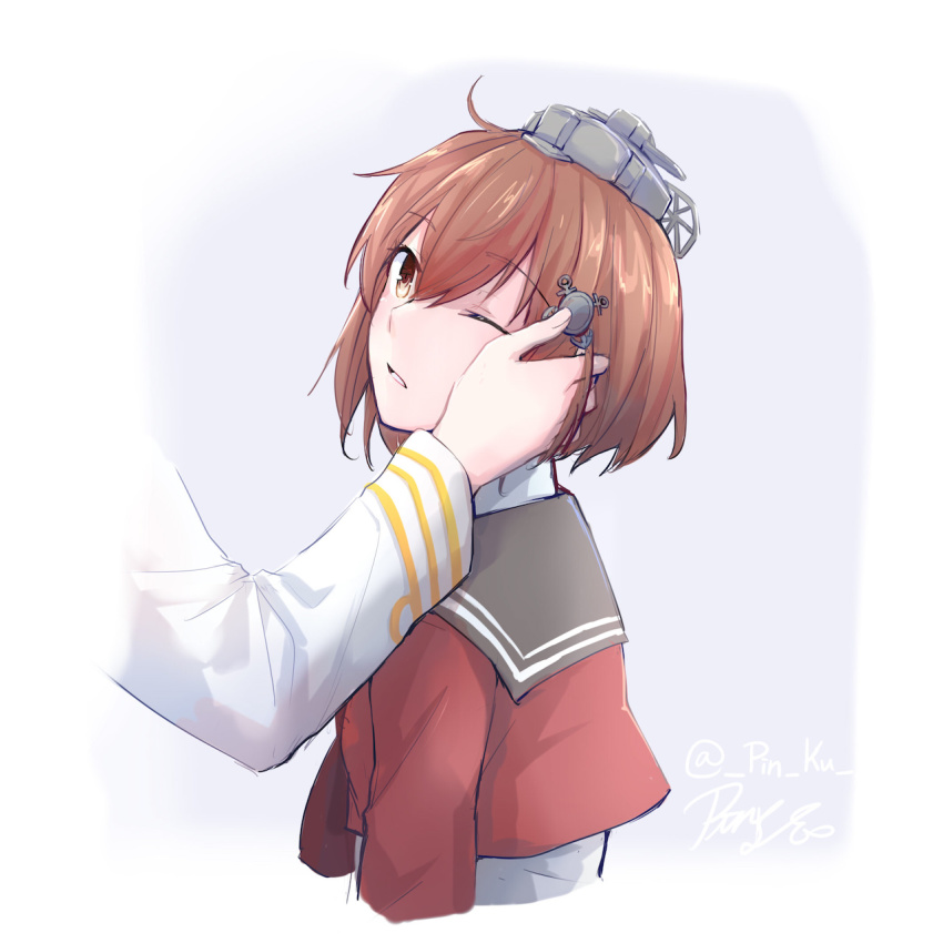 2girls brown_hair dress epaulettes female_admiral_(kancolle) grey_sailor_collar hair_ornament hairclip headgear highres kantai_collection long_sleeves military military_uniform multiple_girls naval_uniform one_eye_closed pin.s red_shirt sailor_collar shirt short_hair solo_focus tan_yang_(kancolle) white_dress yukikaze_(kancolle)