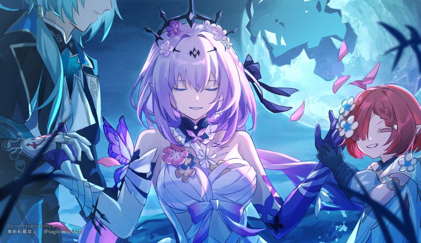 1boy 2girls anaxa_(honkai:_star_rail) asymmetrical_gloves black_coat black_gloves black_tiara breasts castorice_(honkai:_star_rail) closed_eyes coat commentary_request dress elbow_gloves flower gloves green_hair hair_flower hair_ornament hair_over_one_eye highres holding_hands honkai:_star_rail honkai_(series) kukatsuma large_breasts long_hair multiple_girls pointy_ears purple_gloves purple_hair red_hair short_hair smile tiara trianne_(honkai:_star_rail) uneven_gloves upper_body white_dress
