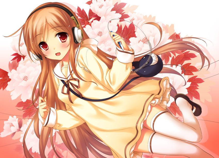 1girl 47agdragon :d blush cable digital_media_player dress dutch_angle fang female_focus floral_background headphones holding ipod leaf light_smile long_hair looking_at_viewer mary_janes open_mouth orange_hair original red_eyes ribbon sailor_dress shoes smile solo standing standing_on_one_leg tareme thighhighs white_thighhighs zettai_ryouiki