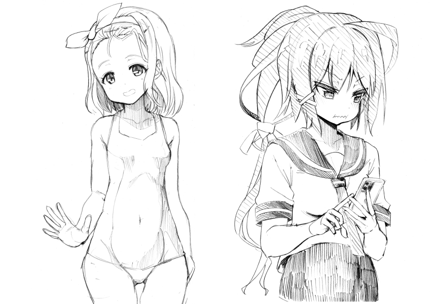 2girls ahoge breasts cellphone closed_mouth greyscale hair_ornament hair_ribbon hairband highres holding holding_phone i-168_(kancolle) i-504_(kancolle) kantai_collection lineart long_hair luigi_torelli_(kancolle) medium_breasts monochrome multiple_girls one-piece_swimsuit open_mouth phone ponytail ribbon sailor_collar school_swimsuit short_hair short_sleeves simple_background small_breasts smartphone swimsuit swimsuit_under_clothes traditional_media tsuji_kazuho wavy_mouth x_hair_ornament