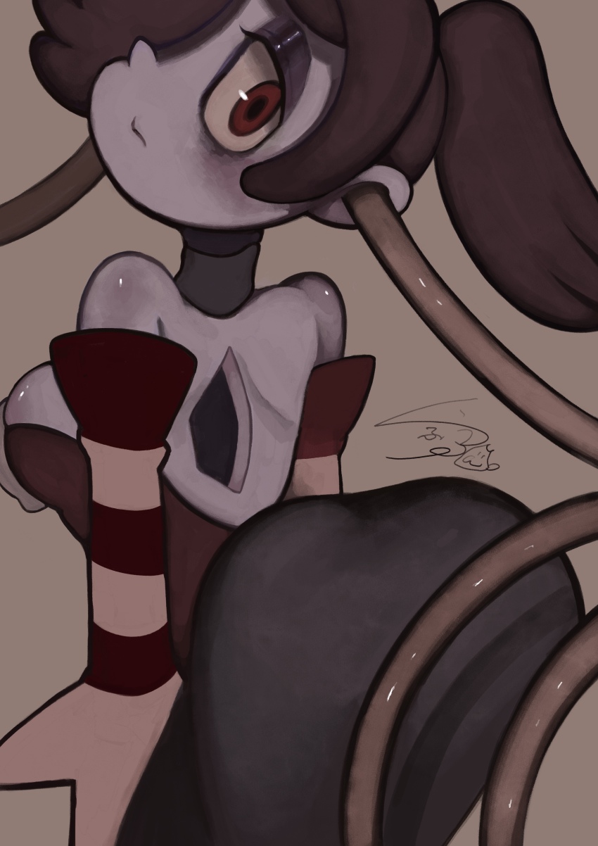 1girl absurdres ass bags_under_eyes brown_background colored_skin cowboy_shot detached_collar detached_sleeves dress eyeshadow from_behind frown hair_over_one_eye highres looking_at_viewer looking_back makeup purple_hair purple_skin raphusovo red_eyes side_ponytail skullgirls solo squigly_(skullgirls) striped_sleeves zombie