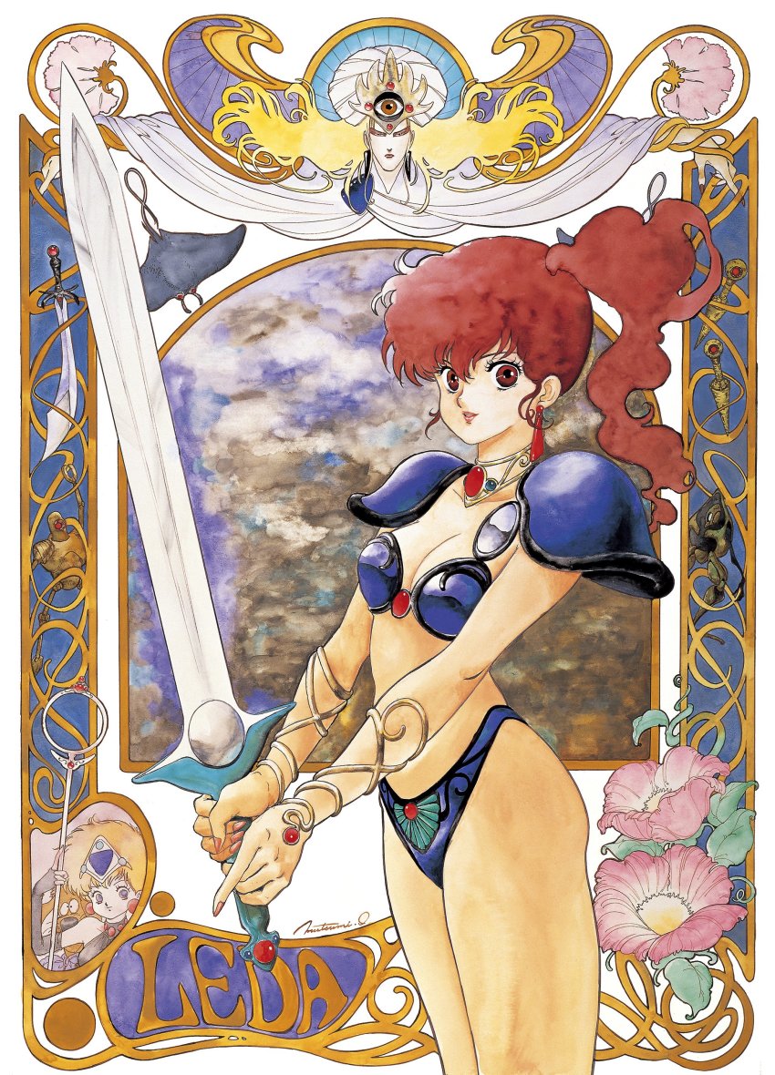 1980s_(style) 1boy 2girls absurdres armor artist_name asagiri_youko bikini bikini_armor blonde_hair blue_bikini breasts brown_eyes brown_hair cape character_request choker cleavage commentary_request copyright_name dog earrings flower gem genmu_senki_leda hat highres inomata_mutsumi jewelry long_hair multiple_girls oldschool pauldrons red_hair retro_artstyle short_hair shoulder_armor side_ponytail signature small_breasts smile staff swimsuit sword third_eye weapon white_cape white_hat