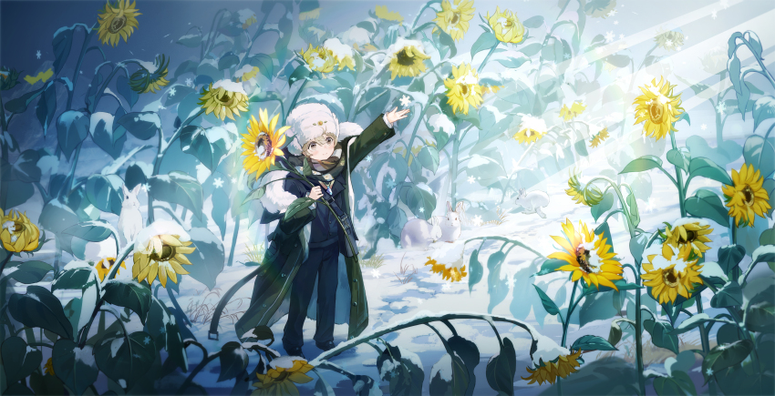 1boy absurdres arm_up avgust_(reverse:1999) bag black_bag black_shoes blazer blue_jacket blue_pants child coat flower full_body green_coat grey_eyes grey_hair grey_scarf hat highres holding holding_flower jacket light_rays looking_up male_focus off_shoulder pants qinghong_zaoshu rabbit reverse:1999 scarf scenery shoes short_hair shoulder_bag smile snow snowflakes solo standing sunbeam sunflower sunlight too_many_flowers ushanka white_hat yellow_flower
