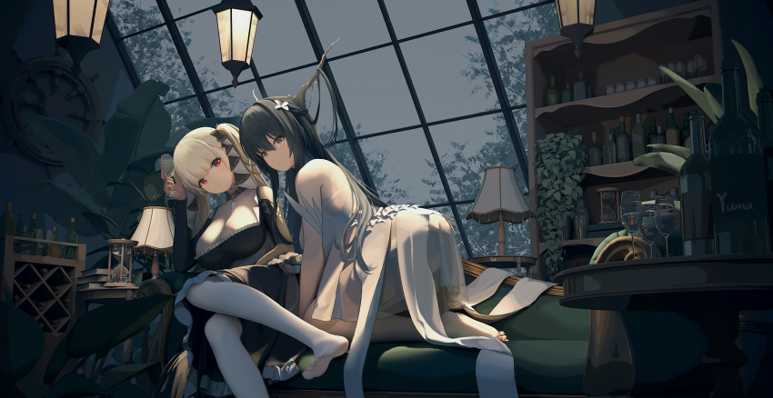 2girls all_fours azur_lane bare_shoulders between_breasts black_dress black_hair black_nails breasts cleavage clothing_cutout couch cup dark dress drinking_glass formidable_(azur_lane) frilled_dress frills green_eyes grey_hair highres indomitable_(azur_lane) indoors lampshade lantern large_breasts long_hair looking_at_viewer multiple_girls nail_polish necktie necktie_between_breasts pantyhose red_eyes revision ribbon shelf shoulder_cutout twintails two-tone_dress two-tone_ribbon very_long_hair white_dress white_pantyhose wine_glass yuma_(lyq_yume)