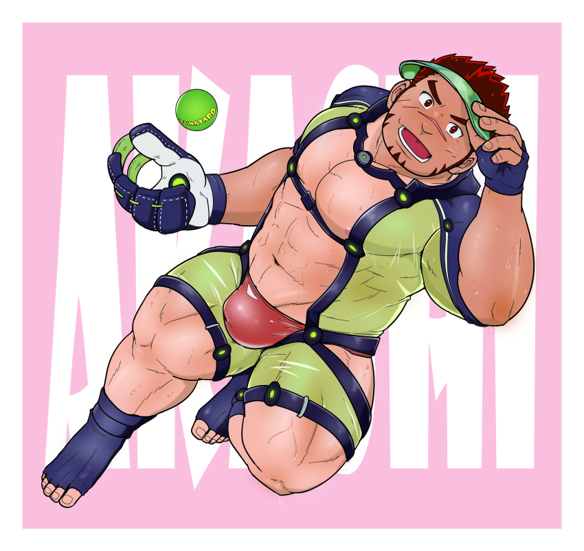 1boy abs absurdres akashi_(live_a_hero) akashi_(water_bullet)_(live_a_hero) ball bara bare_pectorals baseball_(object) baseball_glove bodysuit bulge diving_suit facial_hair goatee green_bodysuit green_male_swimwear highres hip_vent large_pectorals live_a_hero long_sideburns looking_at_viewer male_focus male_swimwear midair muscular muscular_male navel official_alternate_costume pectorals red_eyes red_hair red_male_swimwear scar scar_on_face scar_on_nose short_hair sideburns smile solo swim_briefs thick_eyebrows tunataro_(27taro1) wetsuit