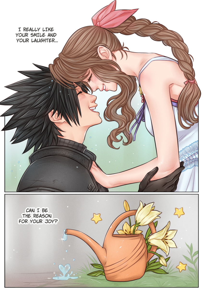 1boy 1girl aerith_gainsborough armor black_gloves black_hair black_sweater blurry blurry_background blush braid braided_ponytail brown_hair closed_eyes commentary couple crisis_core_final_fantasy_vii crylin6 dress dripping english_commentary english_text facing_another final_fantasy final_fantasy_vii flower forehead-to-forehead from_side gloves hair_ribbon happy heads_together highres leaning_forward long_hair parted_bangs pink_ribbon ponytail profile ribbed_sweater ribbon shoulder_armor sleeveless sleeveless_dress sleeveless_turtleneck spiked_hair star_(symbol) sweater turtleneck turtleneck_sweater upper_body water watering_can yellow_flower zack_fair