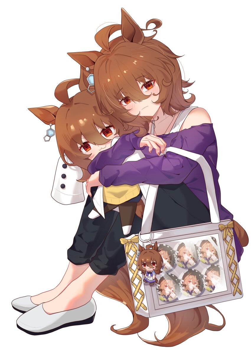 1girl absurdres agnes_tachyon_(casual)_(umamusume) agnes_tachyon_(tach-nology)_(umamusume) agnes_tachyon_(umamusume) ahoge animal_ears bag black_pants blush bra_strap breasts brown_hair casual character_doll chemical_structure closed_mouth doll earrings hair_between_eyes highres holding holding_doll horse_ears horse_girl horse_tail huge_ahoge hugging_doll hugging_object jewelry knees_up lab_coat long_sleeves looking_at_viewer medium_hair nanaken_(qijian23092715) necklace off-shoulder_shirt off-shoulder_sweater off_shoulder pants pantyhose purple_shirt purple_sweater red_eyes shirt shoes shoulder_bag simple_background single_earring sitting sleeves_past_fingers sleeves_past_wrists smile stuffed_toy sweater tail umamusume white_background yellow_sweater