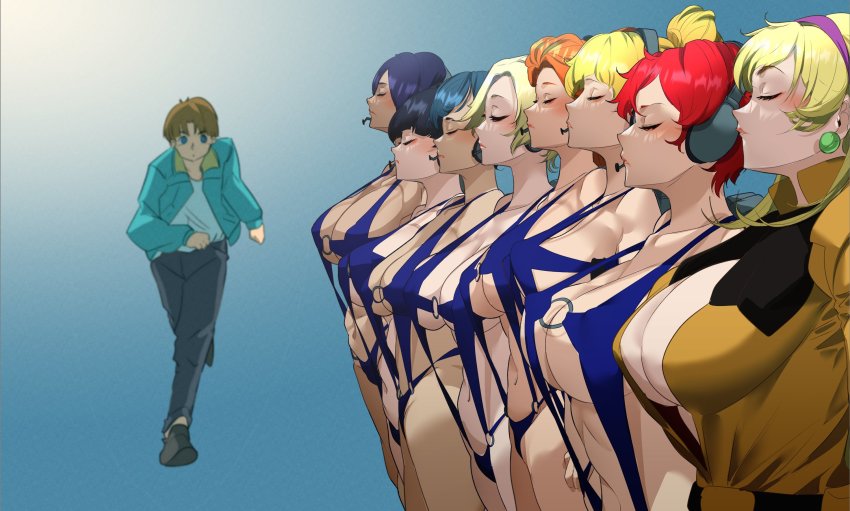 1boy 6+girls bikini black_footwear black_pants blonde_hair blue_eyes blue_hair blue_jacket blue_one-piece_swimsuit blue_slingshot_swimsuit blush brown_hair closed_eyes commission company_connection creator_connection dark-skinned_female dark_skin gundam headset highres jacket katejina_loos long_hair mecha_pilot_suit multiple_girls navel neneka_nibrou normal_suit_(gundam) o-ring one-piece_swimsuit orange_hair overman_king_gainer pants parody pilot_suit purple_hair red_hair sakusakusakurai shirt short_hair skeb_commission slingshot_swimsuit sunrise_(company) swimsuit tomino_yoshiyuki uso_ewin victory_gundam white_shirt