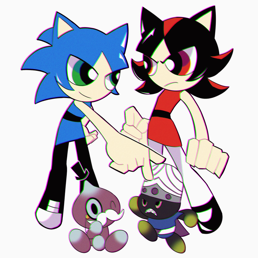 absurdres bare_arms black_hair blue_hair blue_tunic brain_capsule cape chao_(sonic) crossover facial_hair full_body green_eyes highres looking_at_another mayor_(ppg) mojo_jojo monocle multicolored_hair mustache nenemyun powerpuff_girls purple_cape red_eyes red_hair shadow_the_hedgehog sonic_(series) sonic_adventure_2 sonic_the_hedgehog striped_brain_capsule tunic two-tone_hair white_brain_capsule