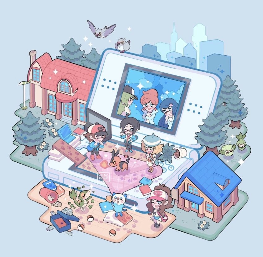 +_+ 3boys 4girls ahoge aurea_juniper bag baseball_cap bianca_(pokemon) black_hair black_pants black_vest blonde_hair blue_bag blush book box brown_hair building cheren_(pokemon) commentary cottonee creatures_(company) denim denim_shorts door fennel_(pokemon) fire flower game_freak gen_5_pokemon glasses green_headwear handheld_game_console hat hilbert_(pokemon) hilda_(pokemon) jacket leaphere multiple_boys multiple_girls n_(pokemon) nintendo nintendo_ds one_eye_closed orange_legwear oshawott pants pantyhose paw_print petilil pidove plant pokemon pokemon_(creature) pokemon_bw potted_plant shirt shoes short_shorts shorts shoulder_bag snivy standing starter_pokemon_trio tepig trash_can tree two-tone_headwear vest white_shirt window