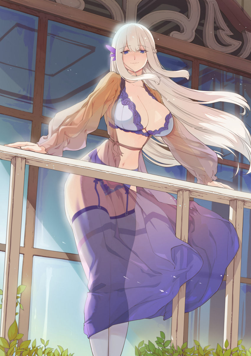 1girl absurdres alternate_costume balcony blue_bra blue_eyes blue_panties bra braid breasts center_opening dress feather_hair_ornament feathers garter_belt hair_between_eyes hair_ornament highres large_breasts lexington_(warship_girls_r) light_smile long_hair looking_at_viewer navel nightgown open_clothes open_dress panties platinum_blonde_hair railing sash see-through_clothes solo standing thighhighs underwear very_long_hair warship_girls_r white_thighhighs wind window xiao_shei..