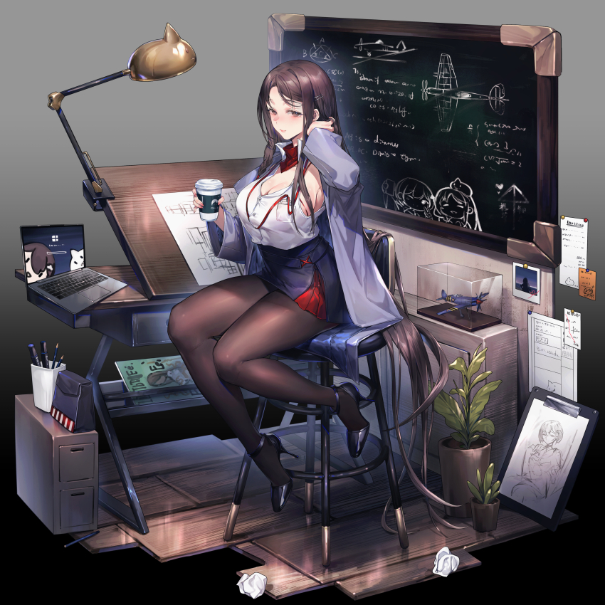 1girl absurdly_long_hair absurdres aircraft ascot black_background black_footwear black_pantyhose black_skirt blush breasts brown_hair brown_pantyhose chair chalkboard cleavage closed_mouth coat coffee computer cup desk desk_lamp disposable_cup flower_pot full_body gradient_background grey_background hand_in_own_hair high_heels highres holding holding_cup id_card jacket jewelry lamp lanyard laptop large_breasts long_hair long_sleeves looking_at_viewer miniskirt office_lady official_alternate_costume official_art open_clothes panties pantyhose pantyshot paper pen pencil pencil_skirt plant potted_plant red_ascot red_eyes ruler shirt shoukaku_(warship_girls_r) sidelocks sitting skirt solo sticky_note underwear very_long_hair warship_girls_r white_shirt xiangchizhubijin