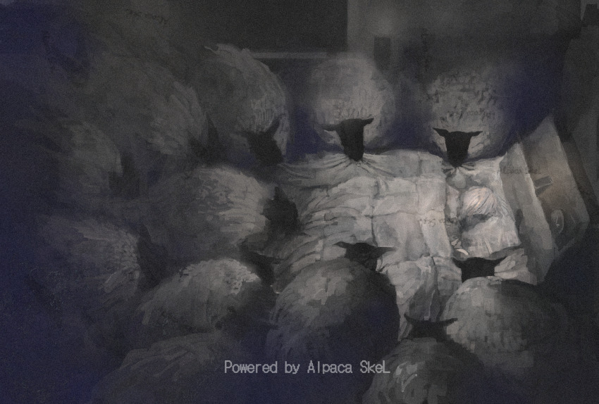 1other alpaca_connect animal bed blanket check_copyright commentary_request copyright_request english_text greyscale highres indoors kohata_(kohatazuke) limited_palette monochrome official_art pillow sheep sleeping tokyo_insomnia window wool