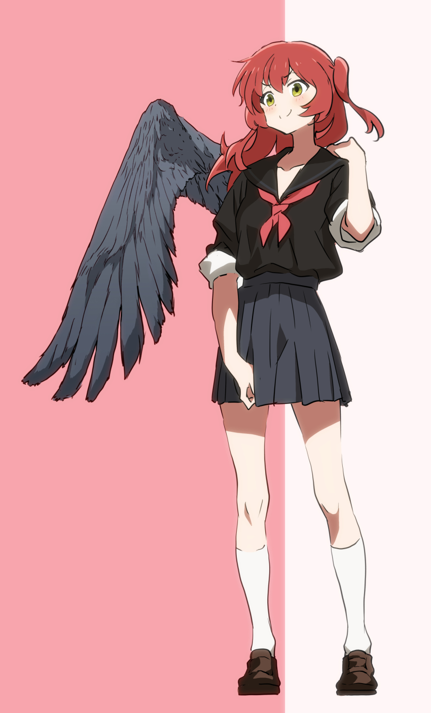 1girl absurdres black_sailor_collar black_shirt black_skirt black_wings bocchi_the_rock! brown_shoes closed_mouth feathered_wings full_body hand_up highres kita_ikuyo loafers long_hair one_side_up pleated_skirt red_hair sailor_collar sailor_shirt shirt shoes single_wing skirt sleeves_rolled_up smile socks solo standing washu_junkyu white_socks wings